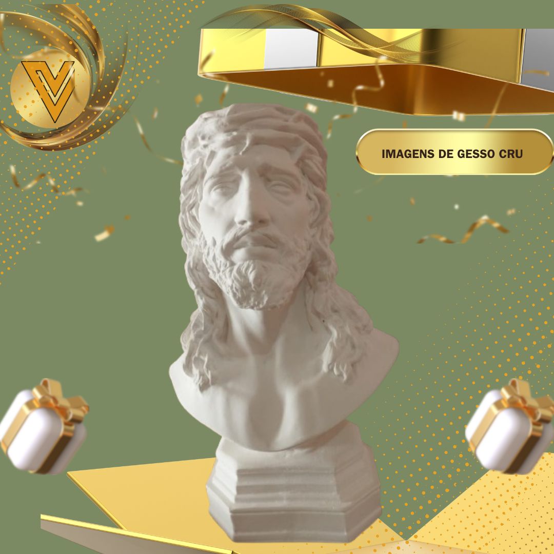 Busto Jesus Cristo com base, em gesso cerâmico cru 30 cm para pintar