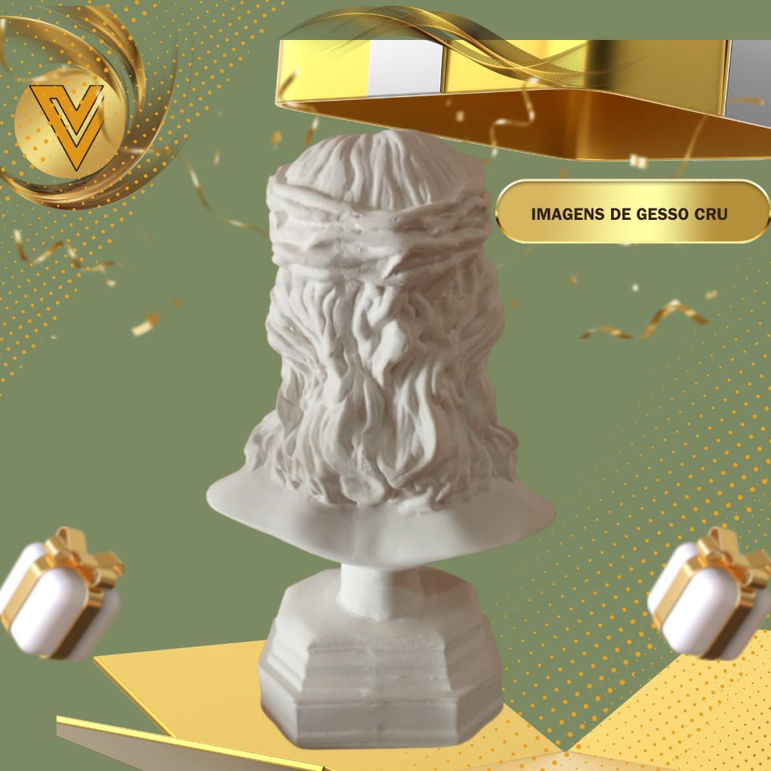 Busto Jesus Cristo com base, em gesso cerâmico cru 30 cm para pintar