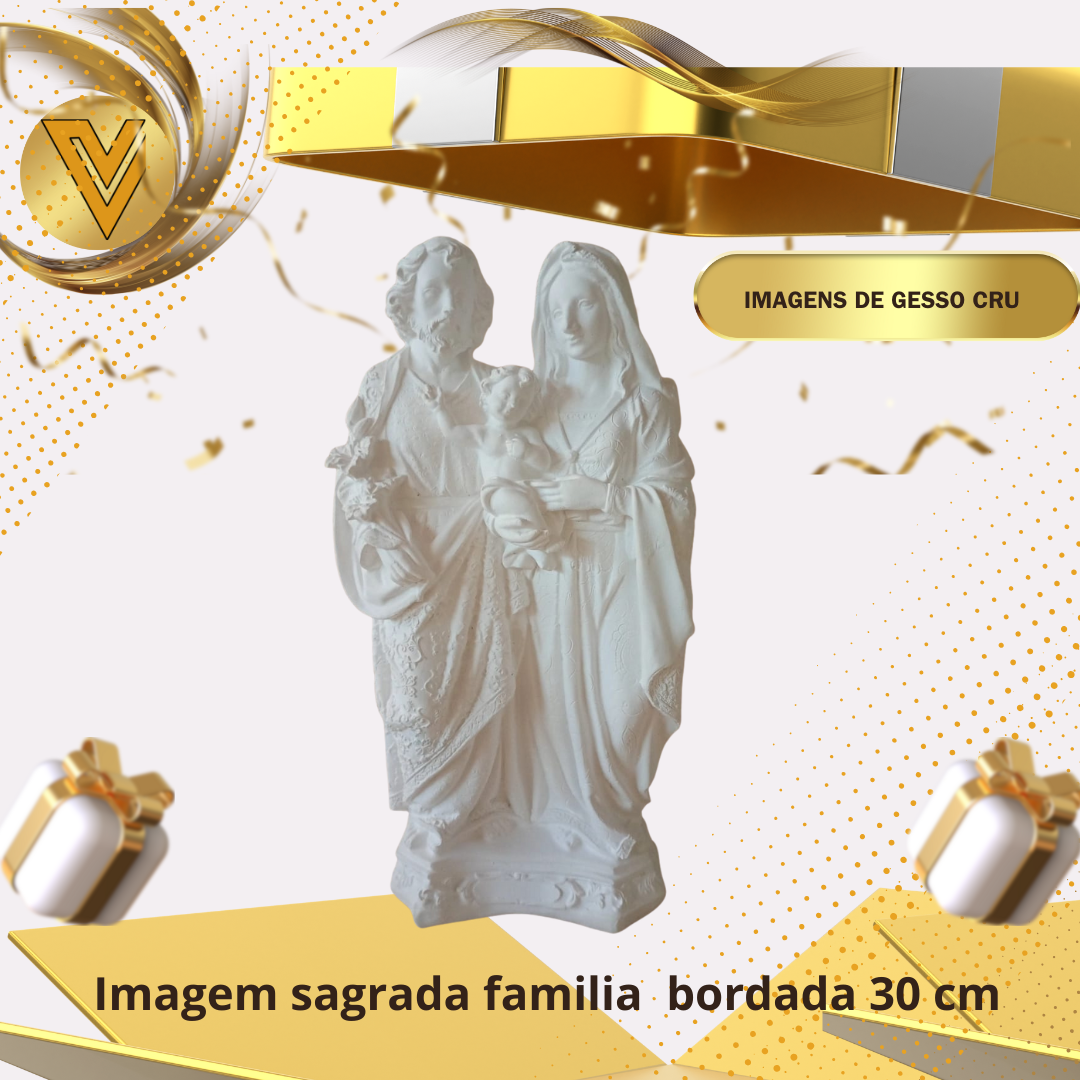Imagem Sagrada Família Manto Bordada 30 cm, em gesso cerâmico cru para pintar