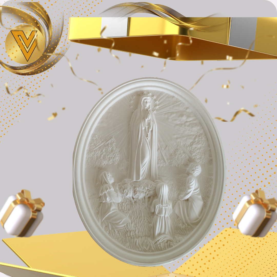 Medalha Nossa Senhora de Fátima e os três Pastorinhos em gesso cerâmico Cru - 26 cm