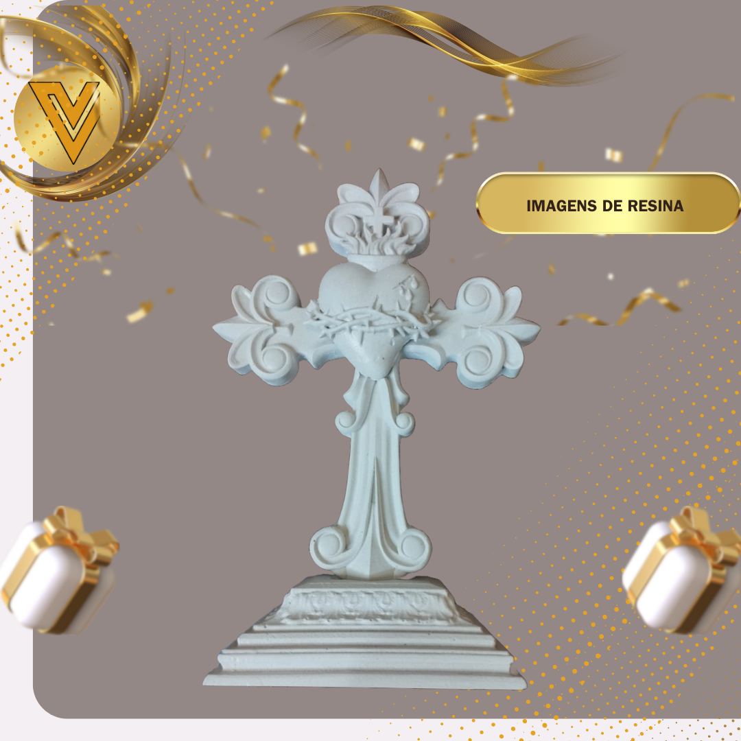 Cruz com Sagrado Coração de Jesus e Base de Mesa em resina - 20 cm