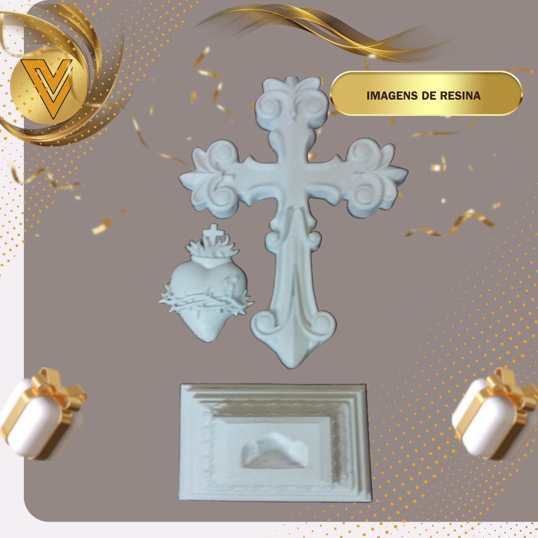 Cruz com Sagrado Coração de Jesus e Base de Mesa em resina - 20 cm