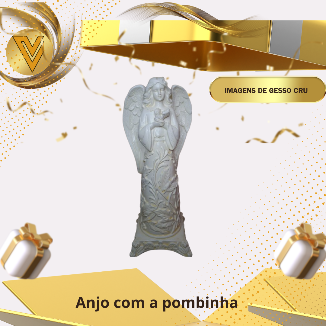 Anjo com pombinha de gesso cerâmico cru, pronto para pintar  -  30 cm