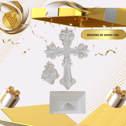 Cruz com Sagrado Coração de Jesus e Base de Mesa em Gesso Cerâmico Cru - 20 cm - Promoção de Lançamento