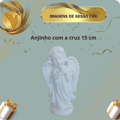 Anjinho com a cruz de gesso cerâmico cru de 15 cm, para pintar