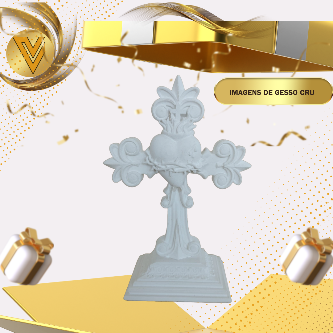 Cruz com Sagrado Coração de Jesus e Base de Mesa em Gesso Cerâmico Cru - 20 cm - Promoção de Lançamento