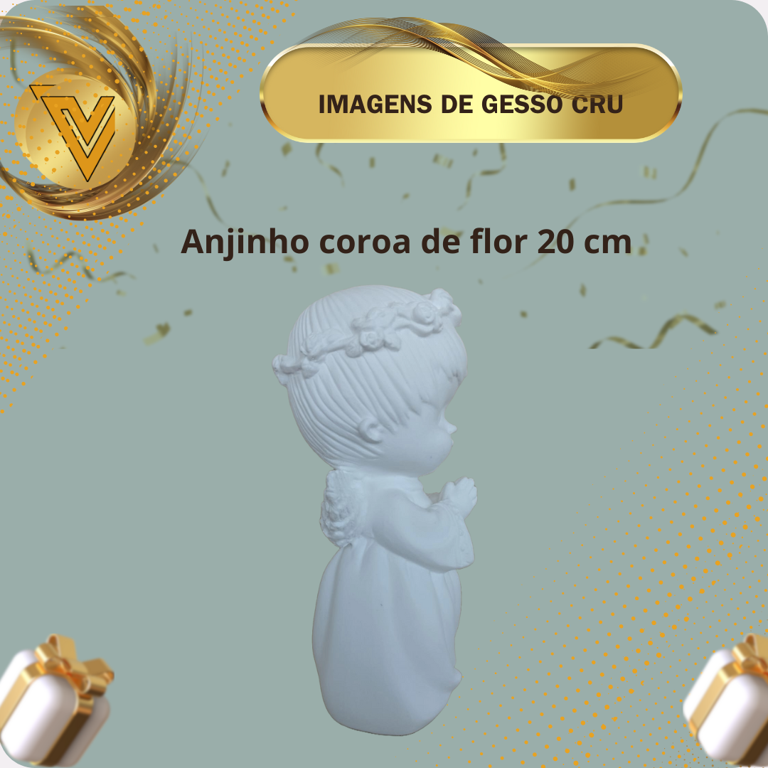 Anjinho com coroa de flor de gesso cerâmico cru para pintar.