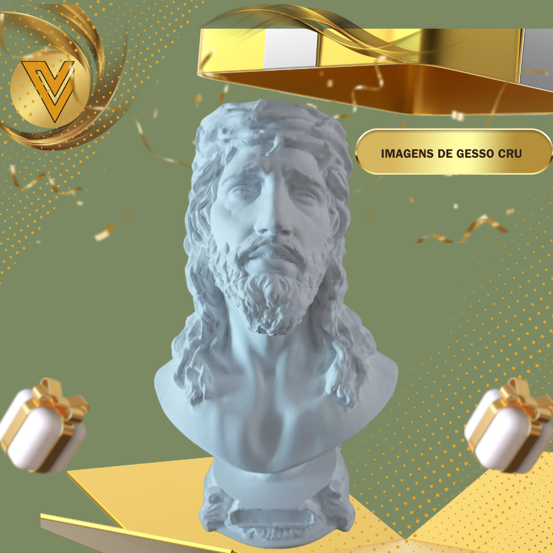 Busto Jesus Cristo com base, em  gesso cerâmico cru 25 cm para pintar