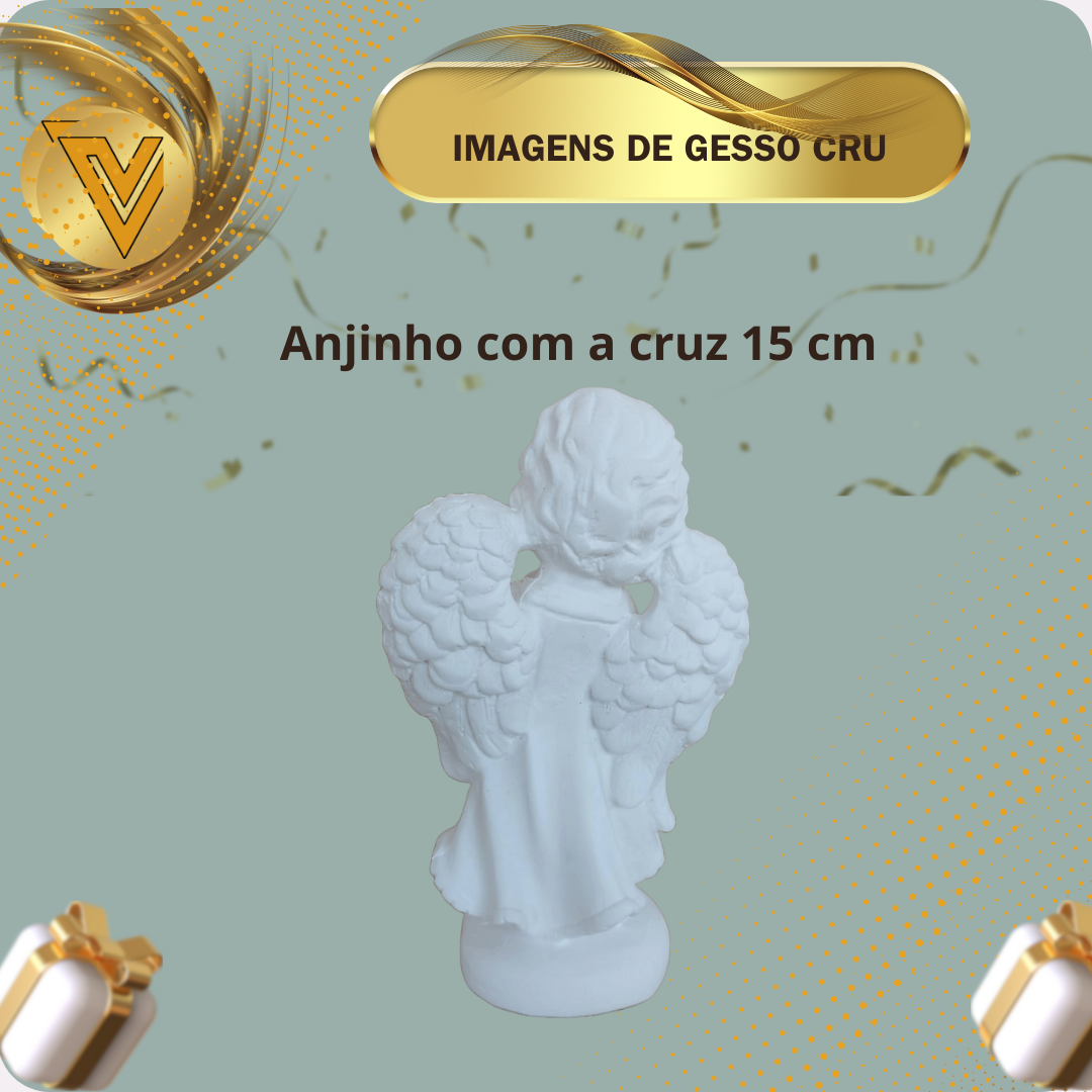 Anjinho com a cruz de gesso cerâmico cru de 15 cm, para pintar