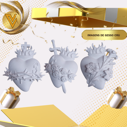 Trio de Corações Sagrados em Gesso Cerâmico –  10 cm para pintar