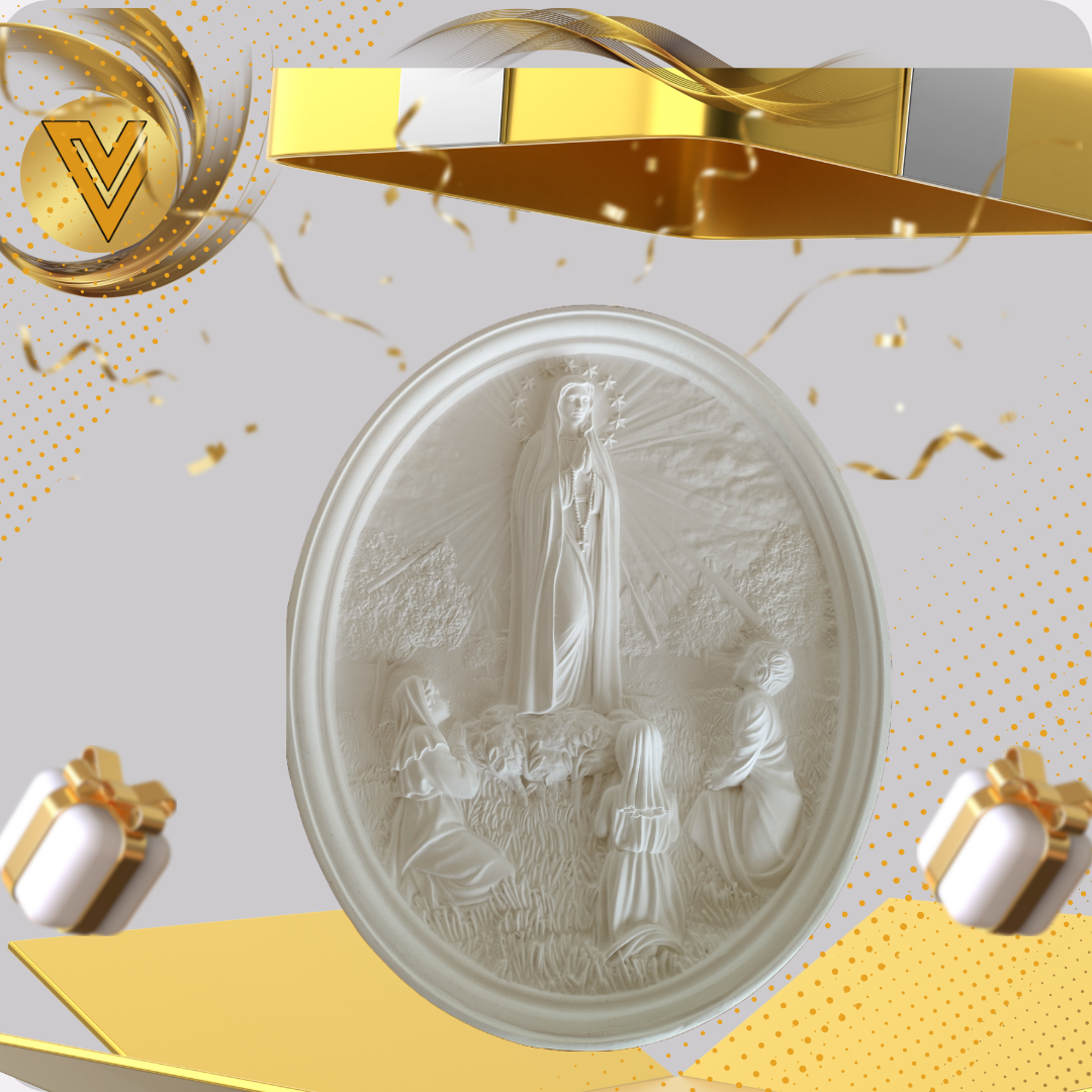 Medalha Nossa Senhora de Fátima  e os três Pastorinhos em gesso cerâmico Cru - 26 cm - Promoção de Lançamento