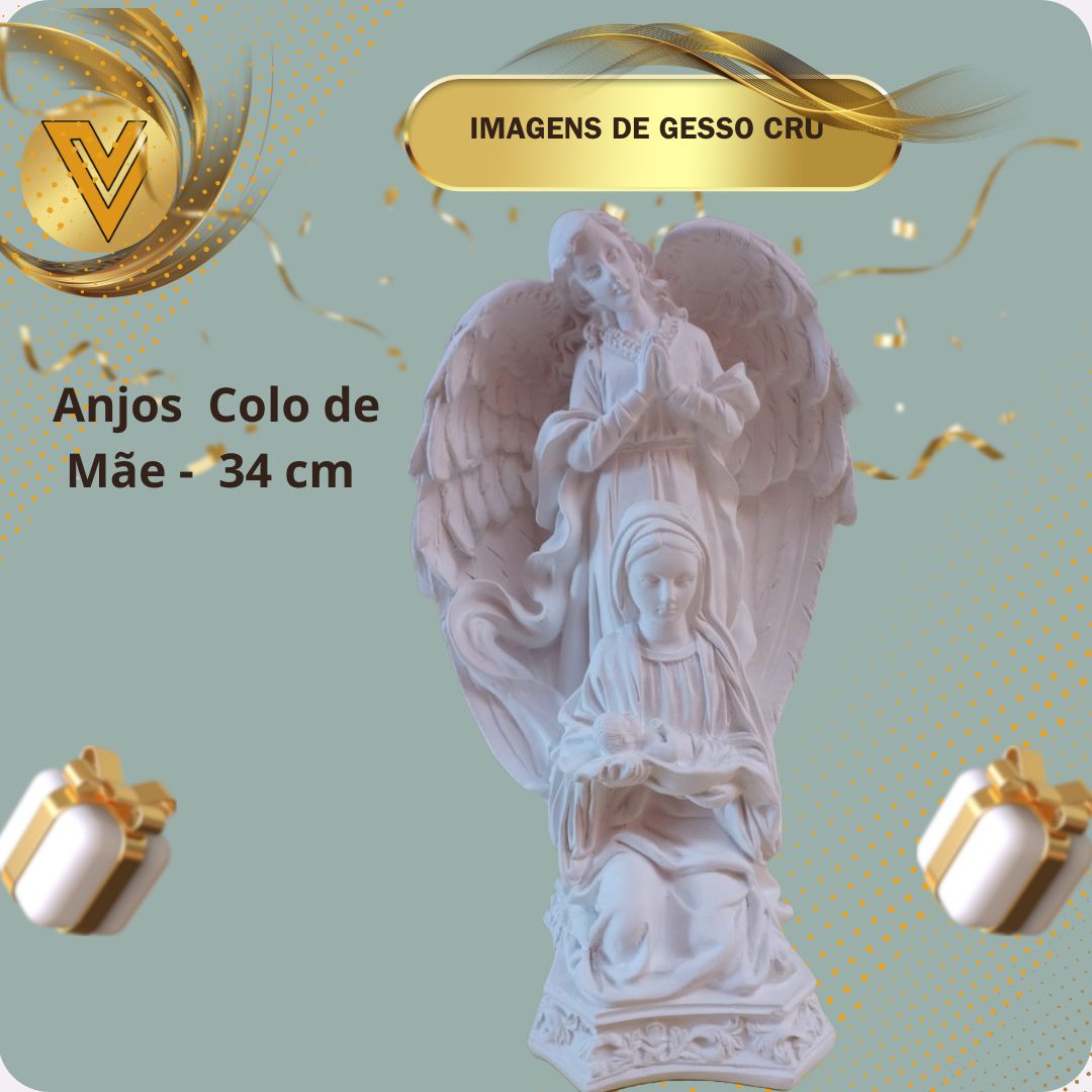 Anjo colo de mãe  34 cm  em Gesso Cerâmico Cru para pintar