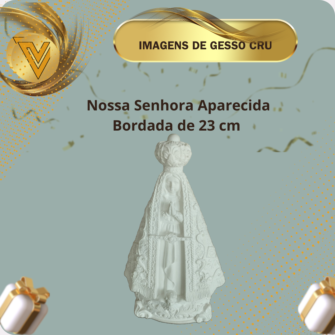 Atacado Imagem Nossa Senhora Aparecida com manto bordado em Gesso Cerâmico Cru de 23 cm